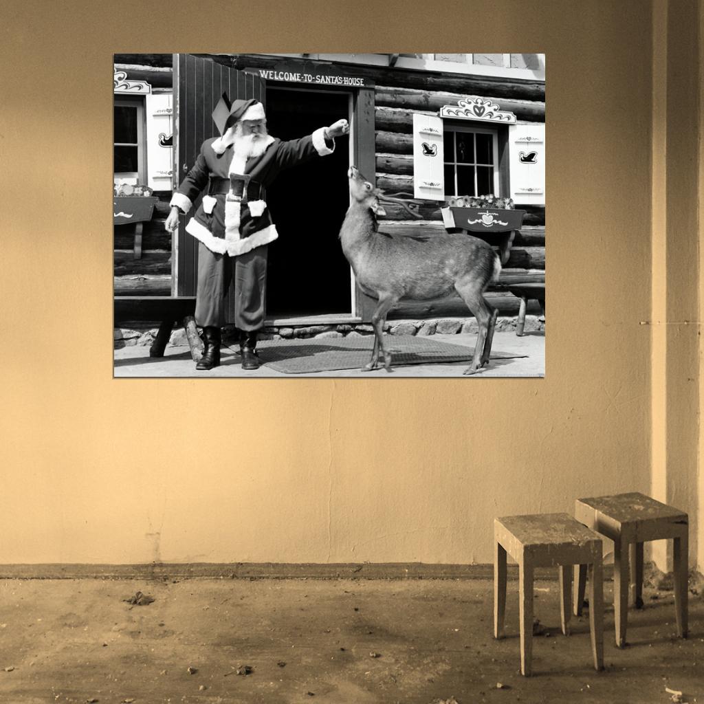 Santa Claus House Deer Vintage BW Retro Wall Art Print Poster