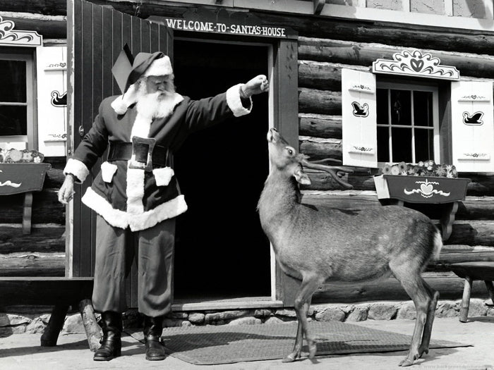 Santa Claus House Deer Vintage BW Retro Wall Art Print Poster