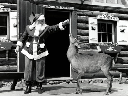 Santa Claus House Deer Vintage BW Retro Wall Art Print Poster