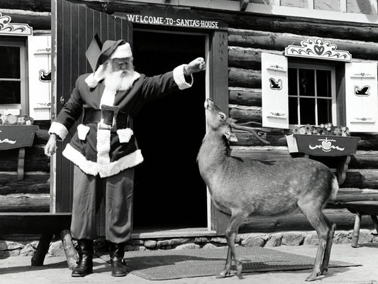 Santa Claus House Deer Vintage BW Retro Wall Art Print Poster