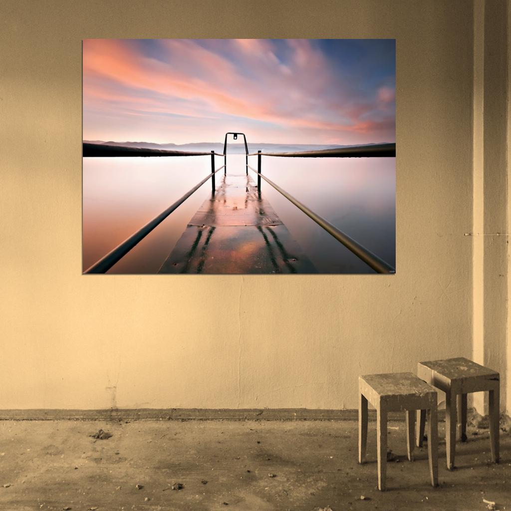Pier Water Lake Mist Sunset Beautiful Nature Wall Decor Room Print Poster