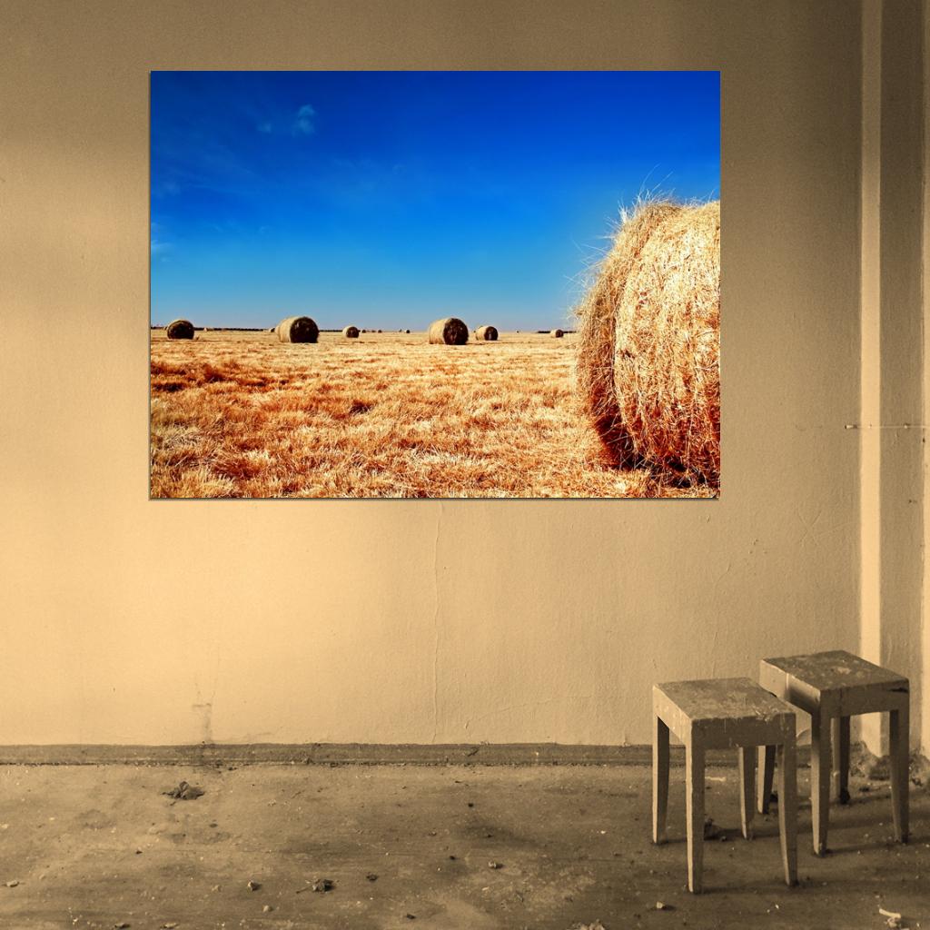 Round Straw Bales Blue Sky Beautiful Nature Wall Decor Room Print Poster