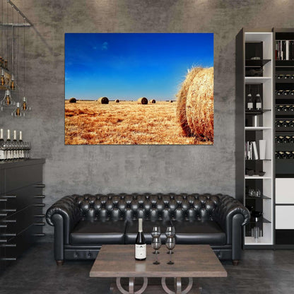 Round Straw Bales Blue Sky Beautiful Nature Wall Decor Room Print Poster