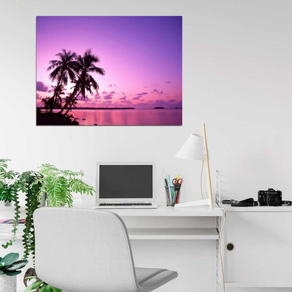 Purple Sunset Tropical Beach Palm Trees Nature Wall Decor Room Print Poster