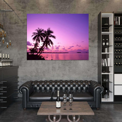 Purple Sunset Tropical Beach Palm Trees Nature Wall Decor Room Print Poster