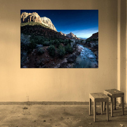Zion Park Night Stars Cliffs River Beautiful Wall Decor Room Print Poster