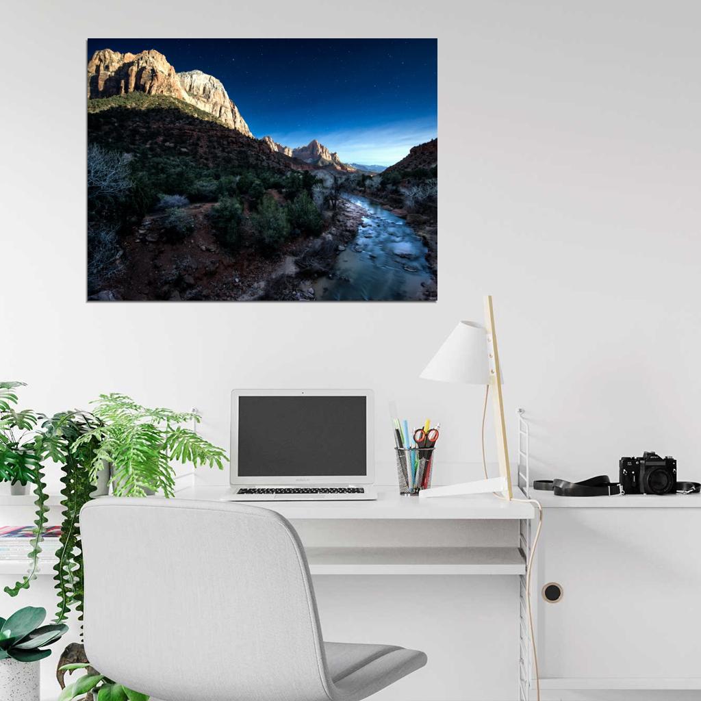 Zion Park Night Stars Cliffs River Beautiful Wall Decor Room Print Poster