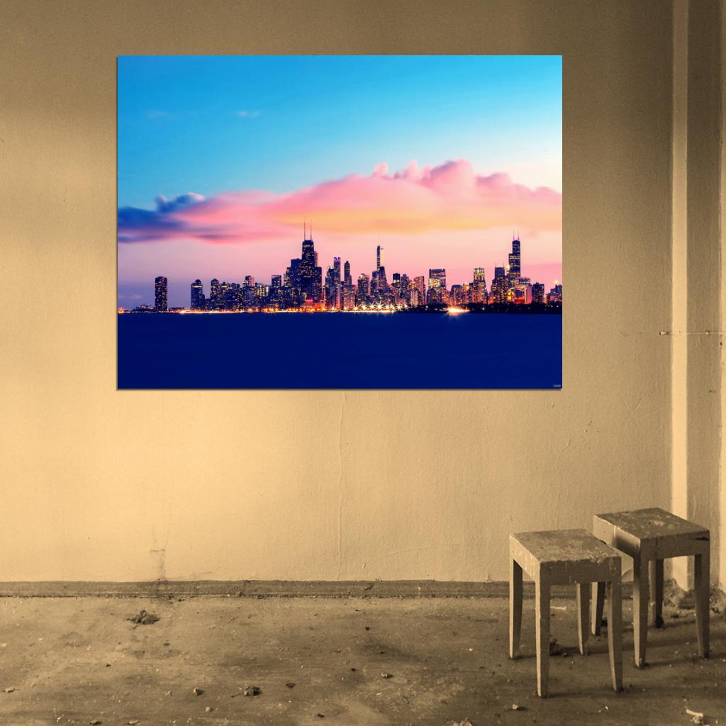 Chicago Skyline Night Lights Lake Beautiful Wall Decor Room Print Poster