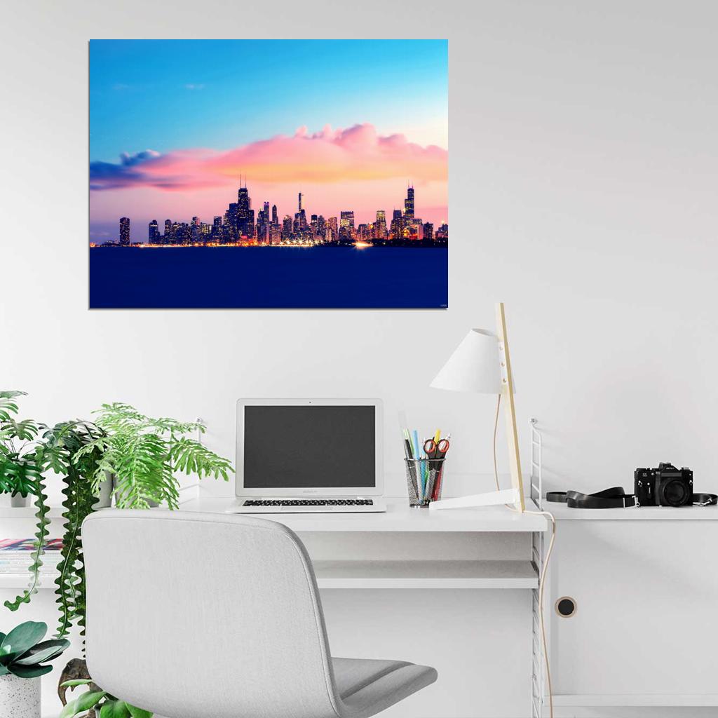 Chicago Skyline Night Lights Lake Beautiful Wall Decor Room Print Poster