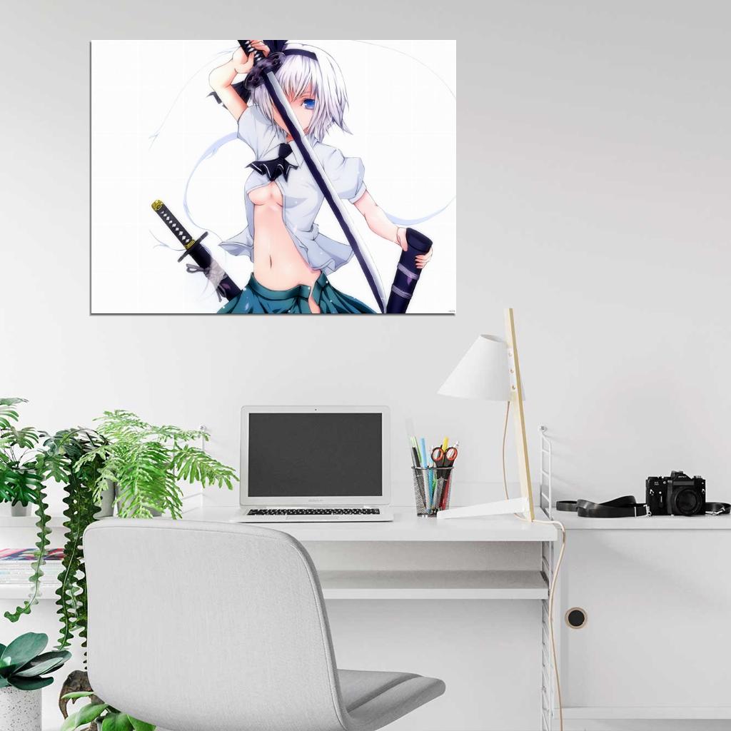 Youmu Konpaku Touhou Project Hot Topless Girl Katana Anime Manga Art Wall Art Print Poster