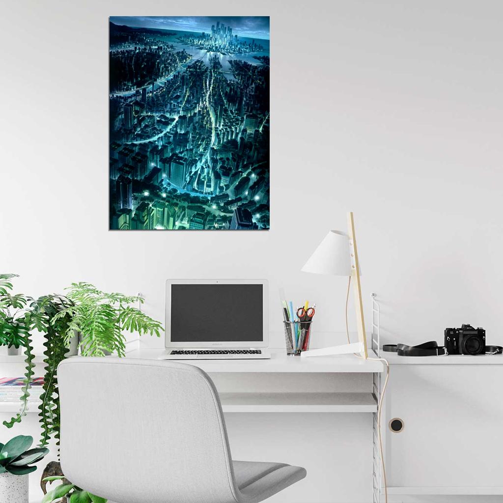 Night City Lights Skyscrapers Anime Manga Art Wall Art Print Poster