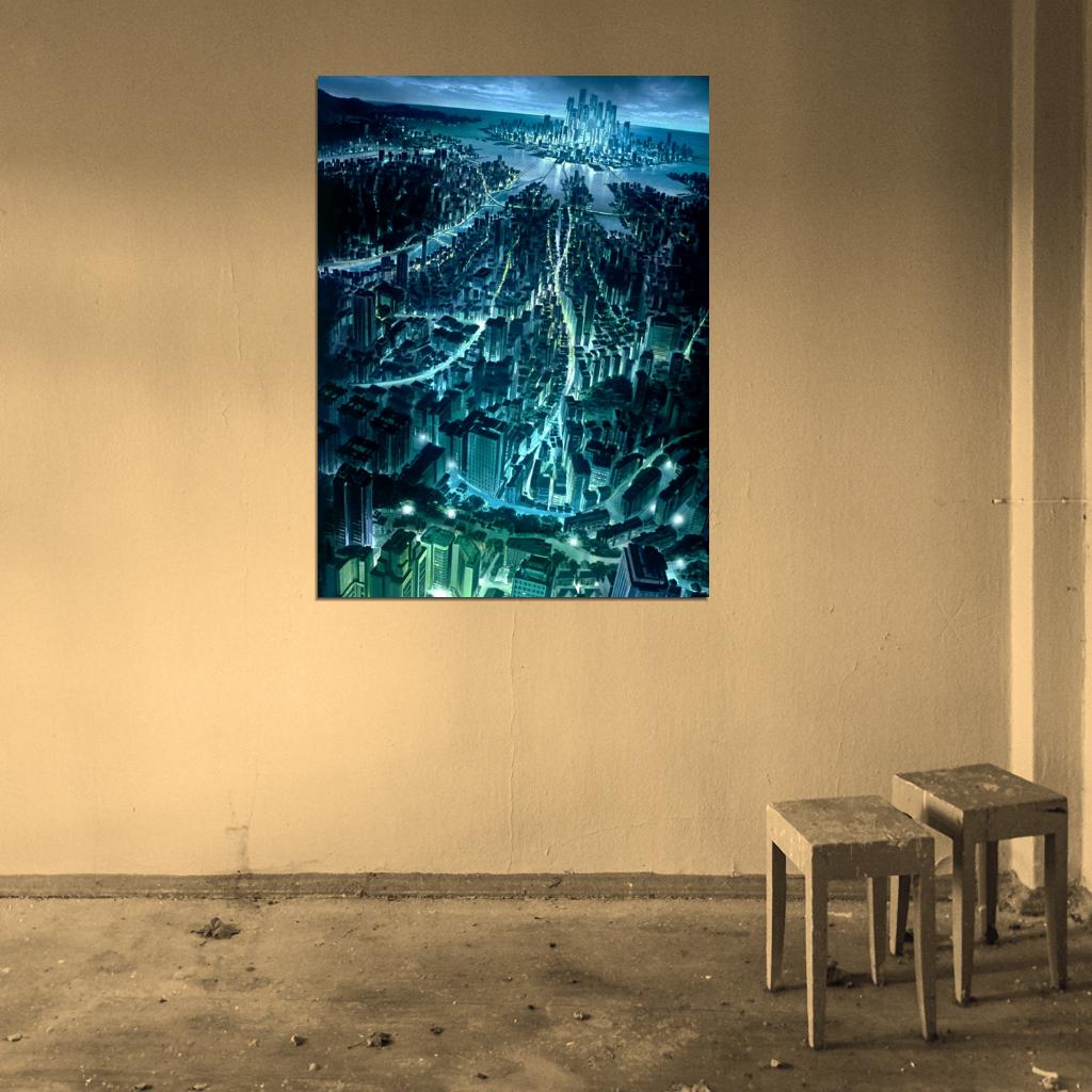 Night City Lights Skyscrapers Anime Manga Art Wall Art Print Poster